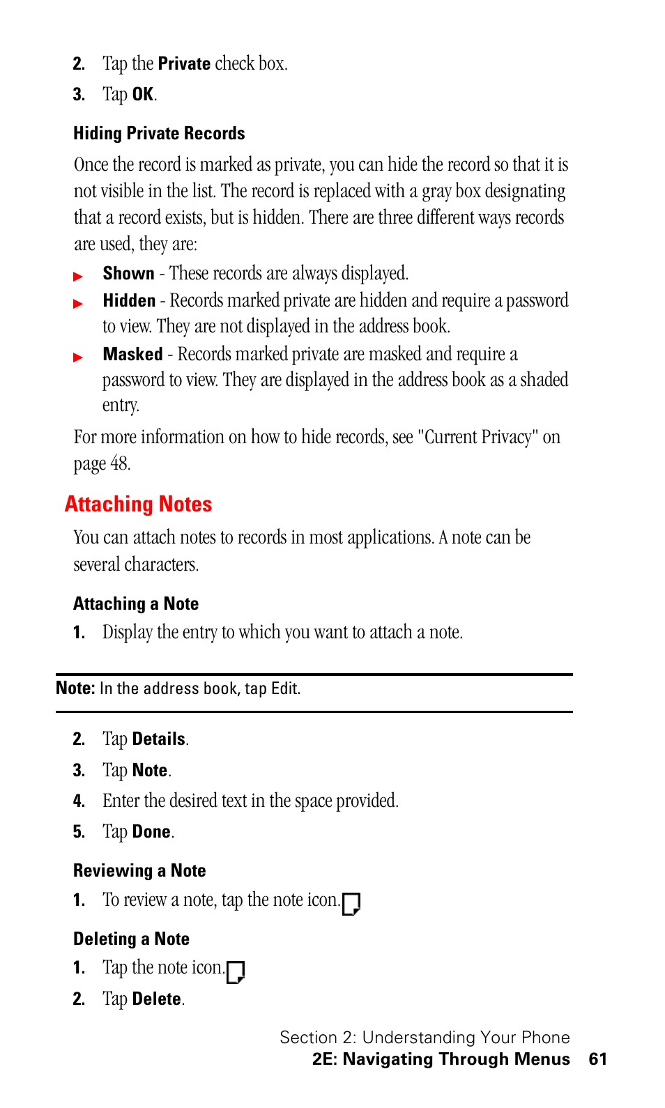Hiding private records, Attaching notes, Attaching a note | Reviewing a note, Deleting a note | Samsung SPH-I500SS-XAR User Manual | Page 64 / 218