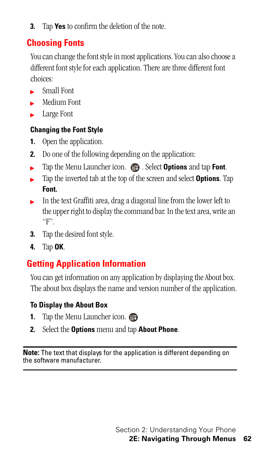 Choosing fonts, Changing the font style, Getting application information | To display the about box, Small font, Medium font, Large font, Open the application, Tap the menu launcher icon. . select, And tap | Samsung SPH-I500SS-XAR User Manual | Page 65 / 218
