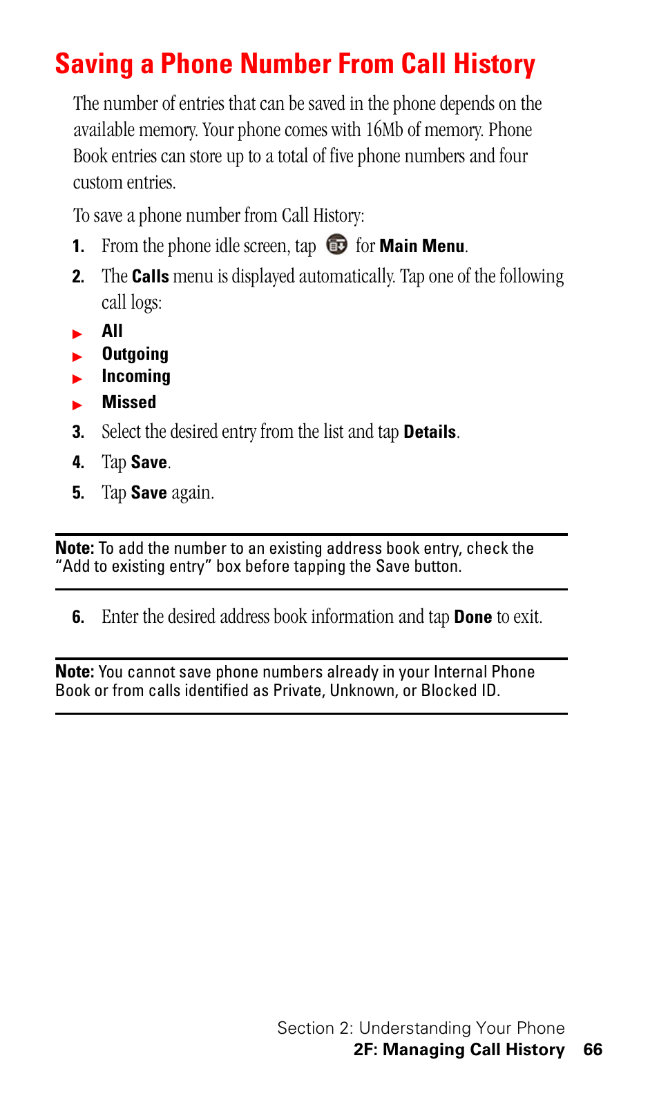 Saving a phone number from call history, Select the desired entry from the list and tap, Again | Enter the desired address book information and tap | Samsung SPH-I500SS-XAR User Manual | Page 69 / 218