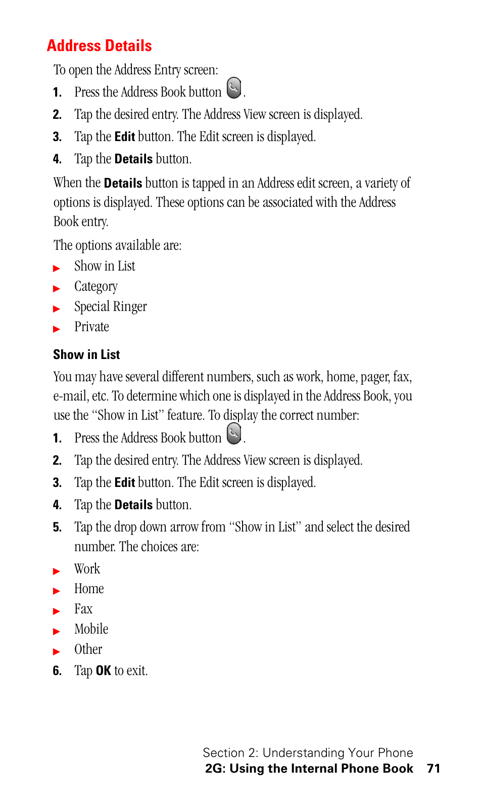 Address details, Show in list, Press the address book button | Tap the, Button. the edit screen is displayed, Button. when the, Category, Special ringer, Private, Button | Samsung SPH-I500SS-XAR User Manual | Page 74 / 218