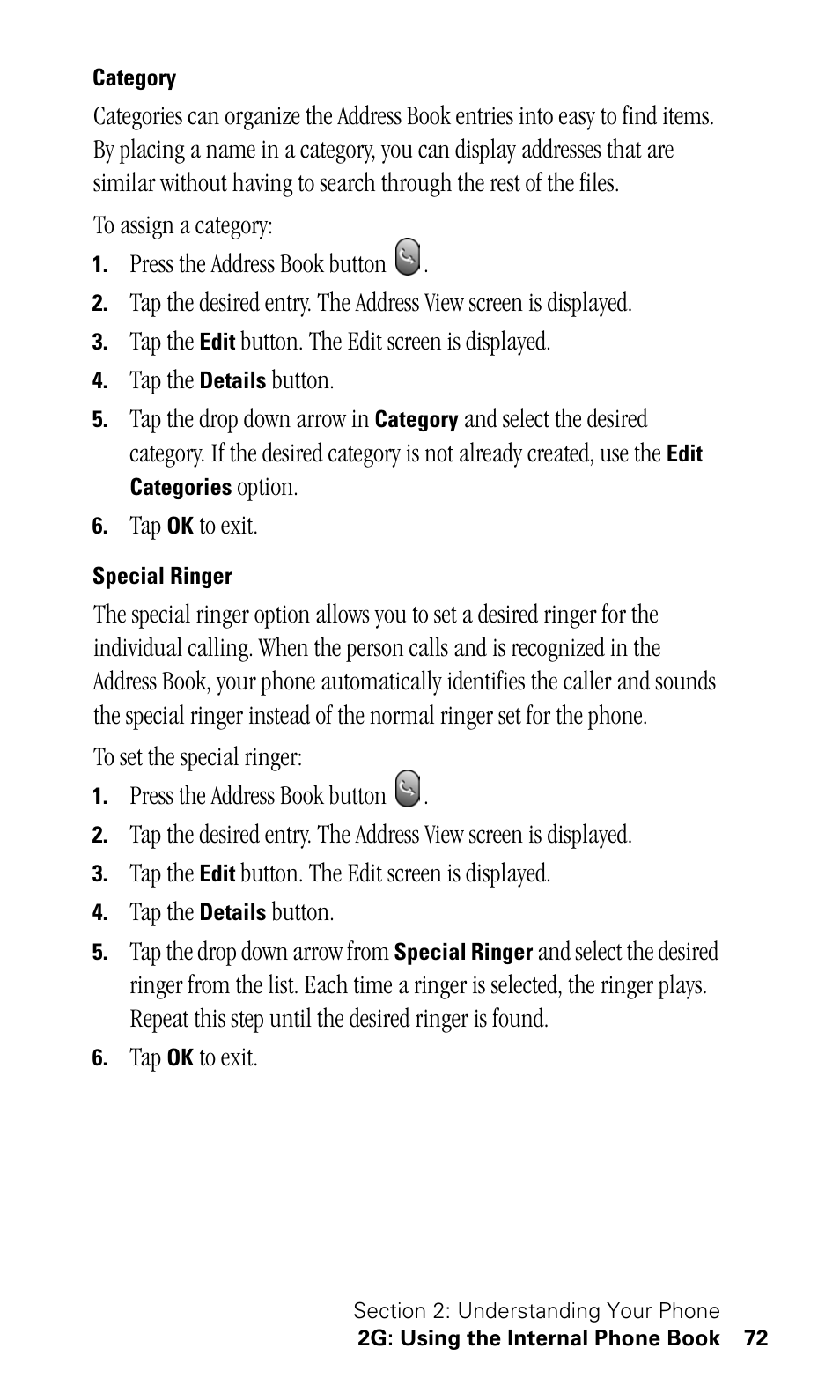 Category, Special ringer | Samsung SPH-I500SS-XAR User Manual | Page 75 / 218