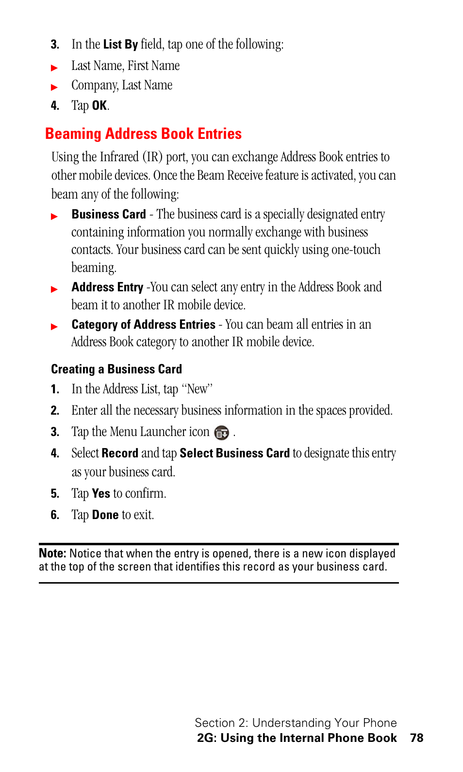 Beaming address book entries, Creating a business card | Samsung SPH-I500SS-XAR User Manual | Page 81 / 218