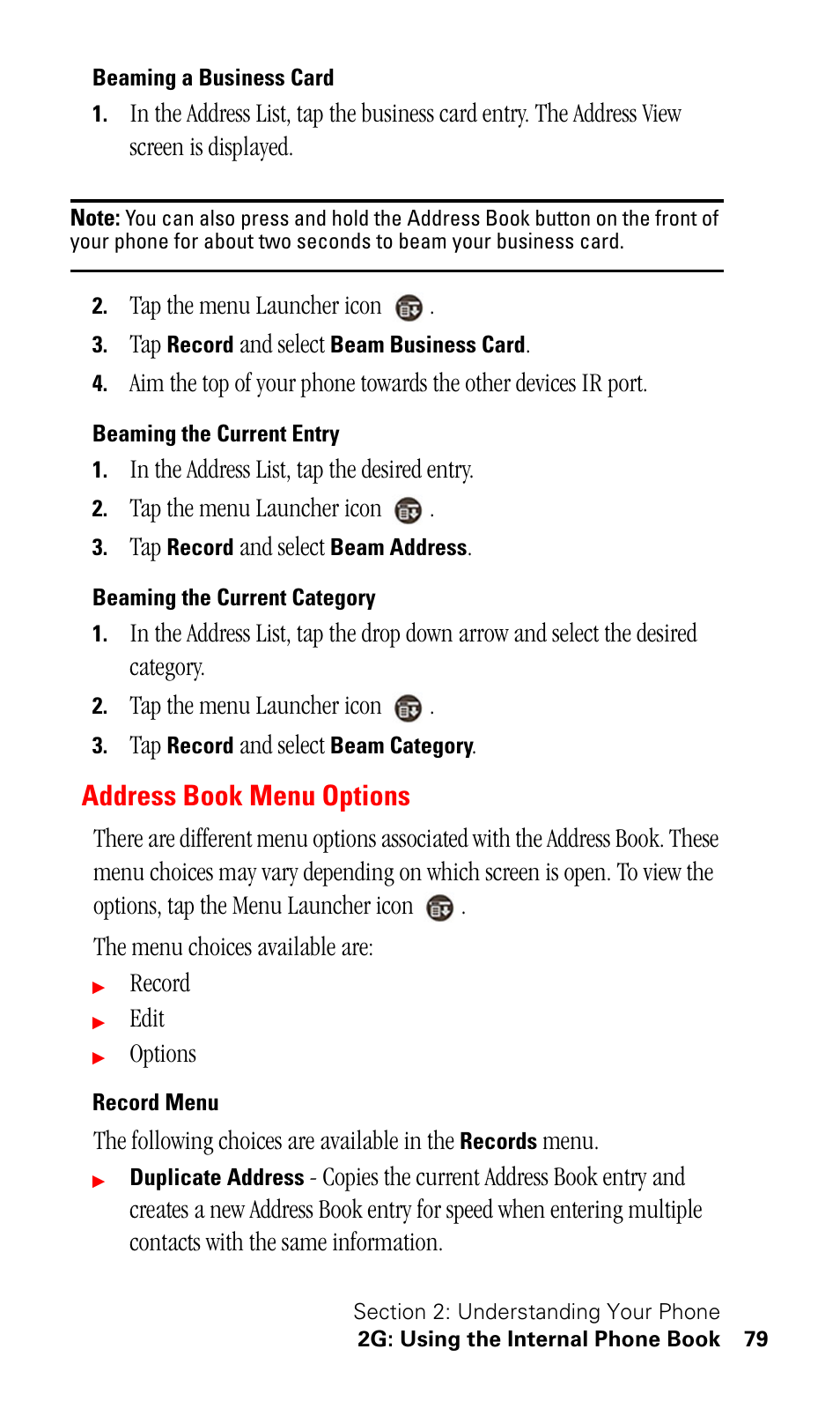 Beaming a business card, Beaming the current entry, Beaming the current category | Address book menu options, Record menu | Samsung SPH-I500SS-XAR User Manual | Page 82 / 218