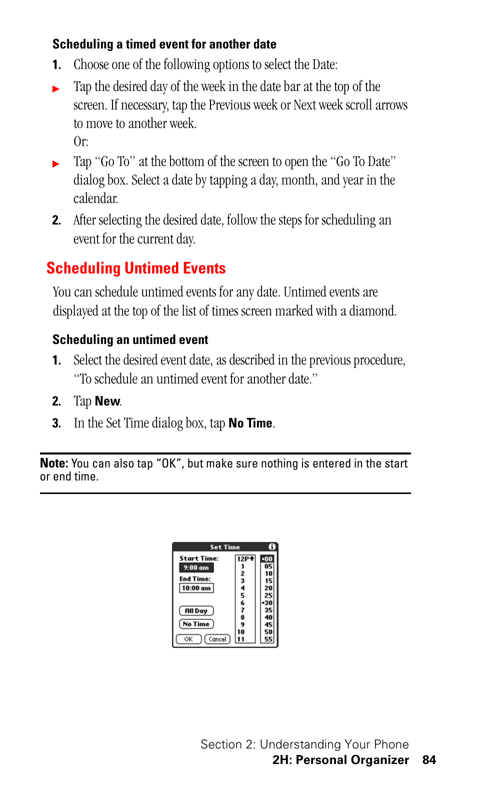 Scheduling a timed event for another date, Scheduling untimed events, Scheduling an untimed event | Samsung SPH-I500SS-XAR User Manual | Page 87 / 218