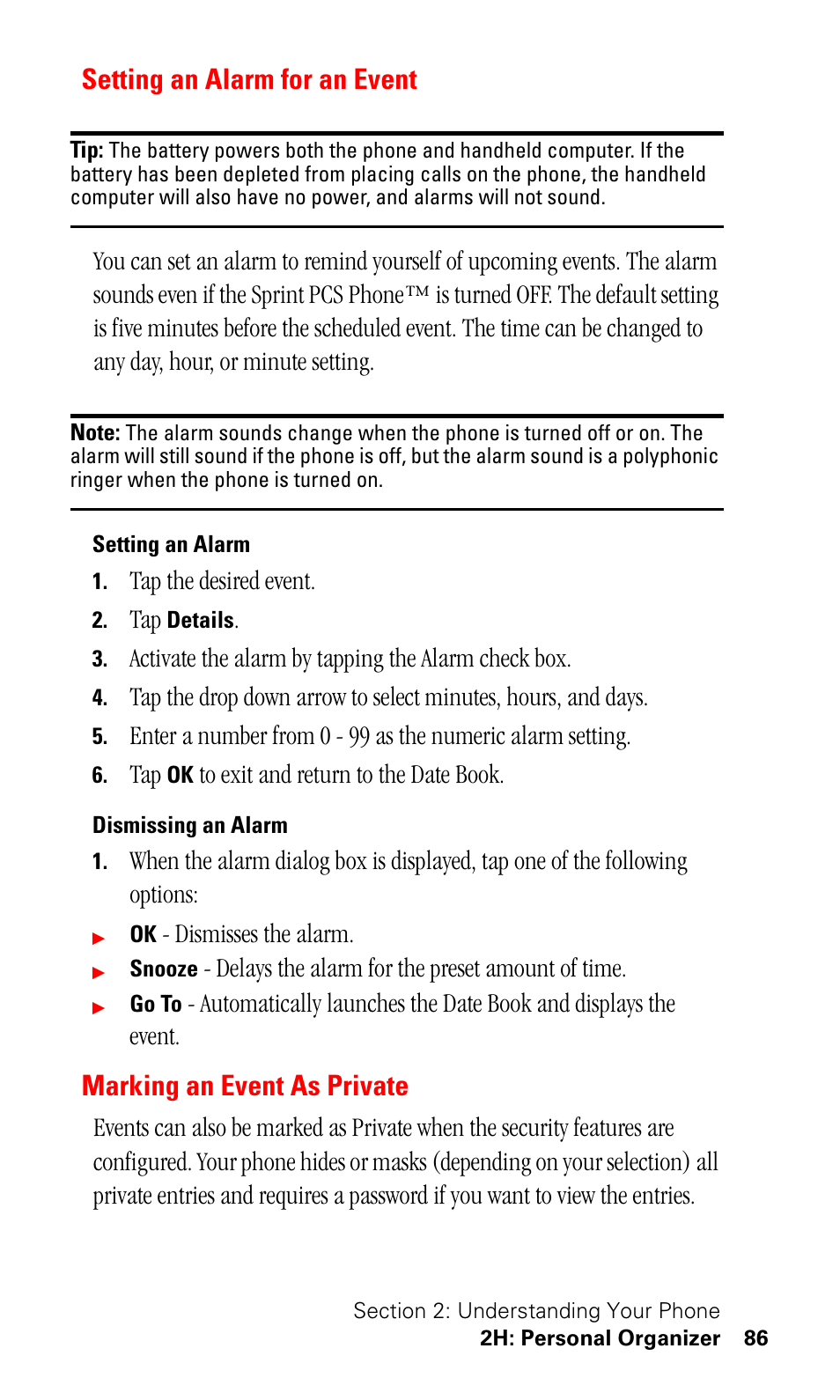 Setting an alarm for an event, Setting an alarm, Dismissing an alarm | Marking an event as private, Tap the desired event, Activate the alarm by tapping the alarm check box, Dismisses the alarm, Delays the alarm for the preset amount of time | Samsung SPH-I500SS-XAR User Manual | Page 89 / 218