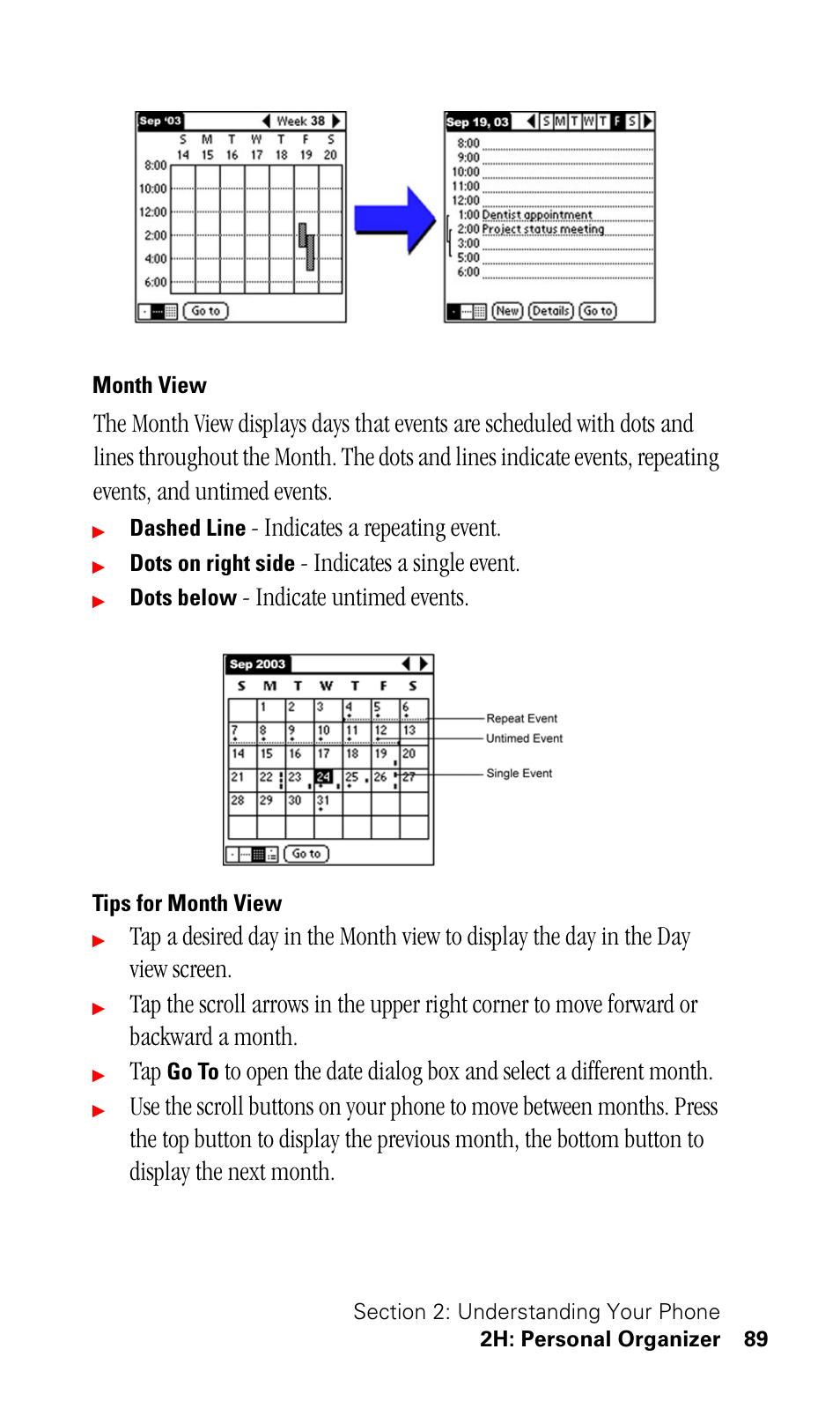 Month view, Tips for month view, Indicates a repeating event | Indicates a single event, Indicate untimed events | Samsung SPH-I500SS-XAR User Manual | Page 92 / 218