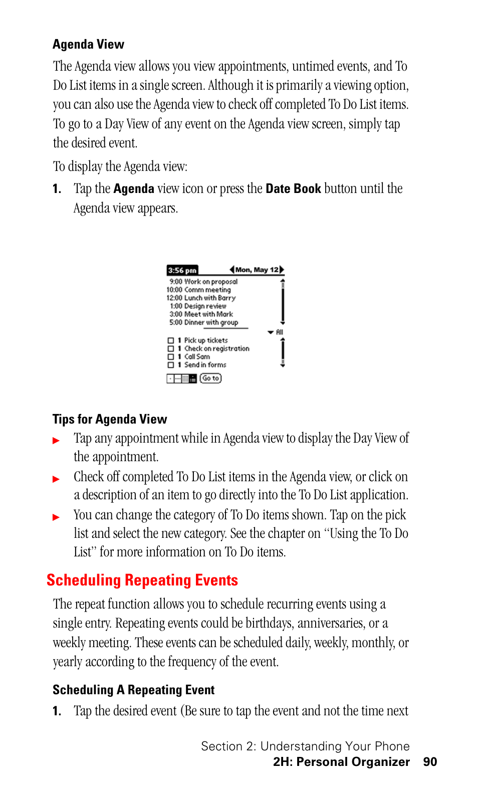 Agenda view, Tips for agenda view, Scheduling repeating events | Scheduling a repeating event, Tap the, View icon or press the, Button until the agenda view appears | Samsung SPH-I500SS-XAR User Manual | Page 93 / 218
