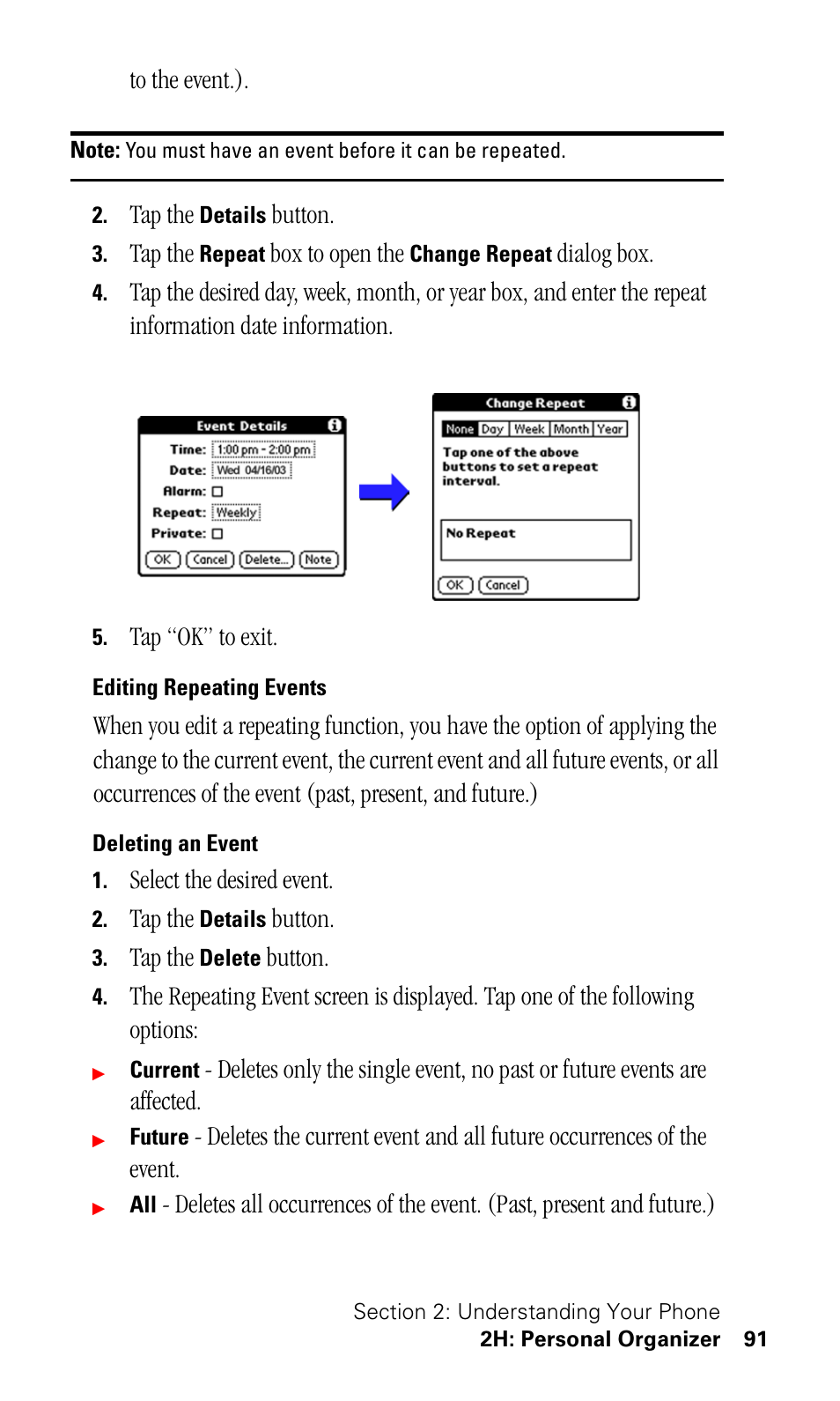 Editing repeating events, Deleting an event | Samsung SPH-I500SS-XAR User Manual | Page 94 / 218