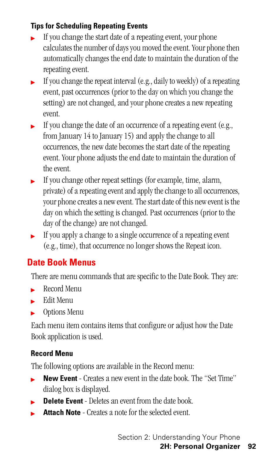 Tips for scheduling repeating events, Date book menus, Record menu | Edit menu, Deletes an event from the date book | Samsung SPH-I500SS-XAR User Manual | Page 95 / 218