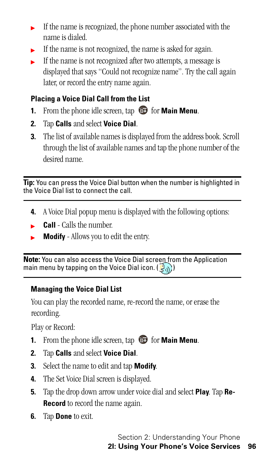 Placing a voice dial call from the list, Managing the voice dial list | Samsung SPH-I500SS-XAR User Manual | Page 99 / 218