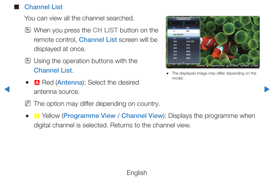 Using the operation buttons with the channel list, The option may differ depending on country | Samsung PN51D490A1DXZA User Manual | Page 11 / 223