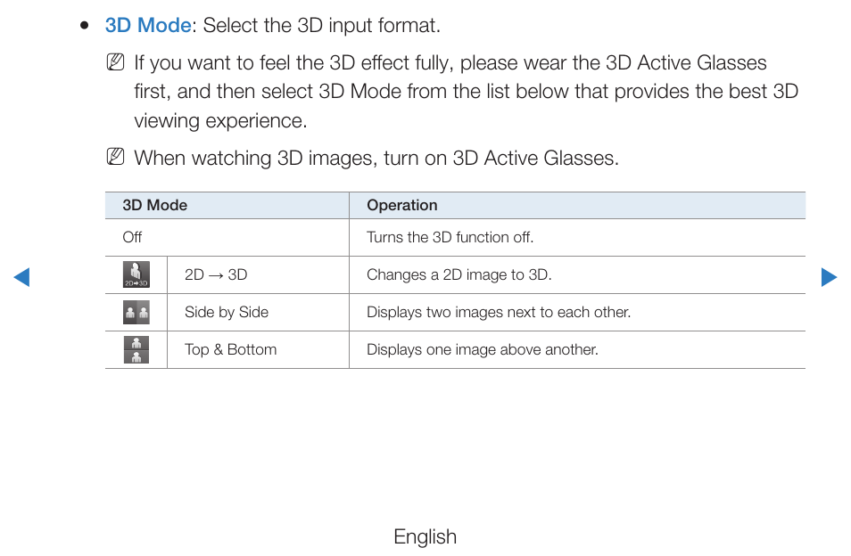 English, 3d mode : select the 3d input format, When watching 3d images, turn on 3d active glasses | Samsung PN51D490A1DXZA User Manual | Page 150 / 223