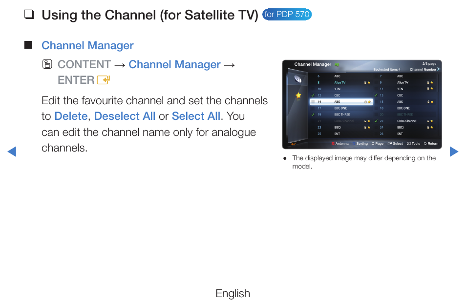 Using the channel (for satellite tv), English, Channel manager | Samsung PN51D490A1DXZA User Manual | Page 27 / 223
