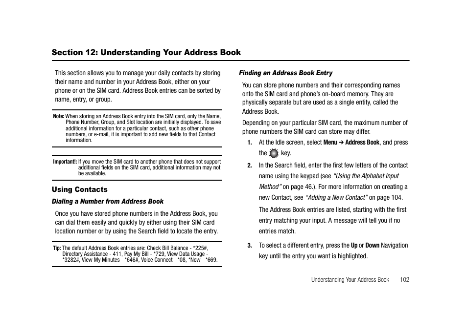 Section 12: understanding your address book, Using contacts | Samsung SGH-A827DKAATT User Manual | Page 105 / 164