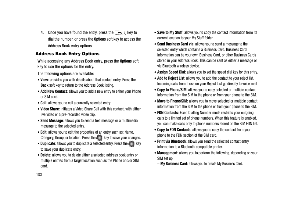Address book entry options | Samsung SGH-A827DKAATT User Manual | Page 106 / 164