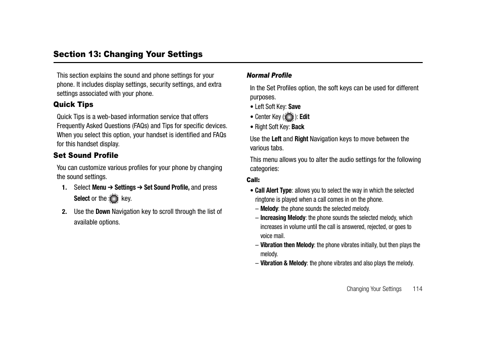 Section 13: changing your settings, Quick tips set sound profile | Samsung SGH-A827DKAATT User Manual | Page 117 / 164