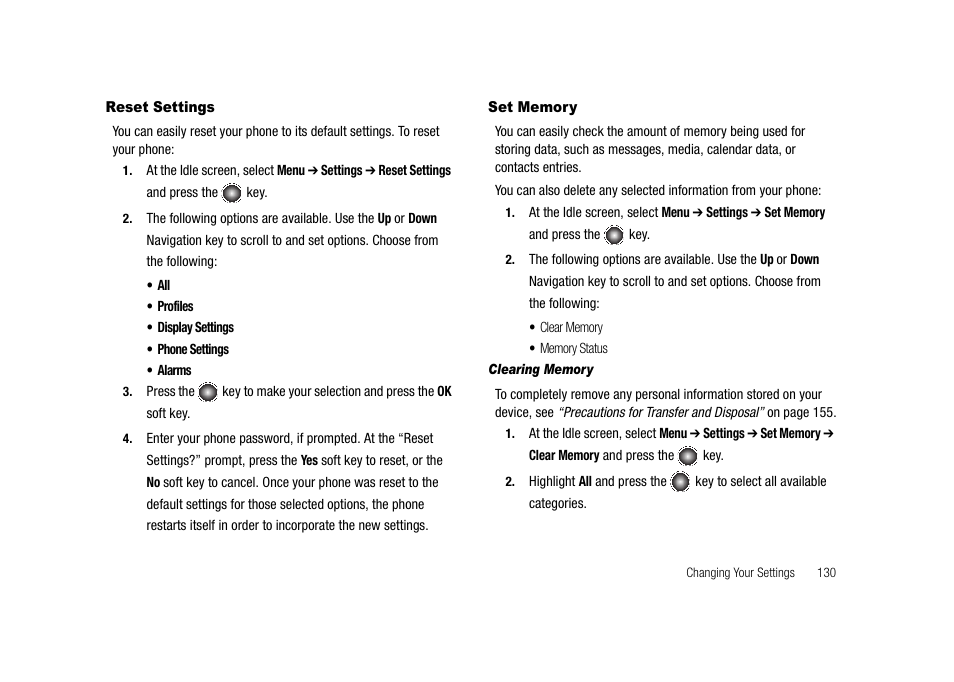 Reset settings set memory | Samsung SGH-A827DKAATT User Manual | Page 133 / 164