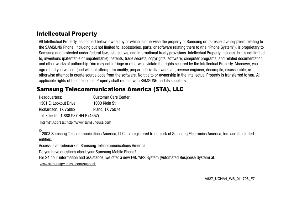 Intellectual property, Samsung telecommunications america (sta), llc | Samsung SGH-A827DKAATT User Manual | Page 2 / 164