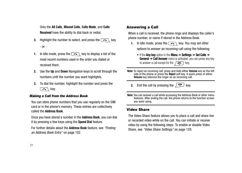 Answering a call video share | Samsung SGH-A827DKAATT User Manual | Page 24 / 164