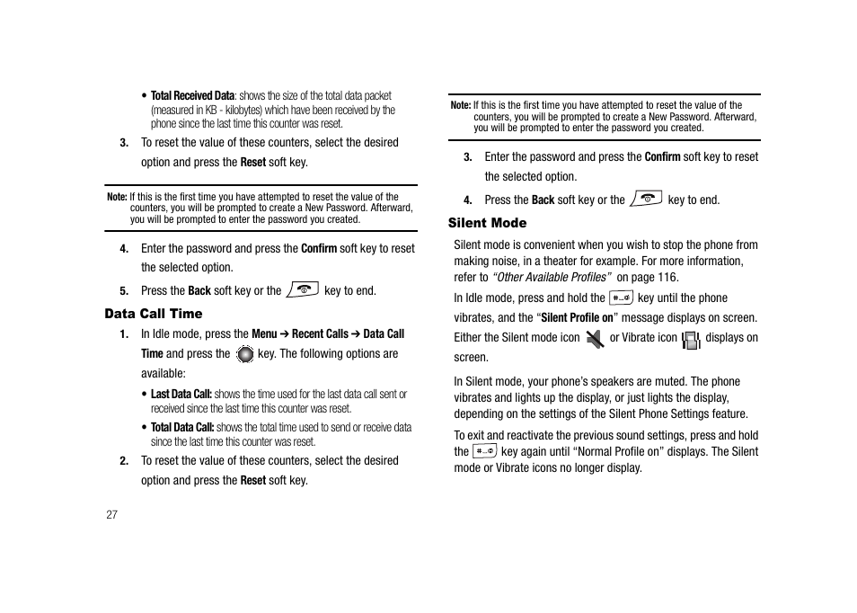 Data call time, Silent mode | Samsung SGH-A827DKAATT User Manual | Page 30 / 164
