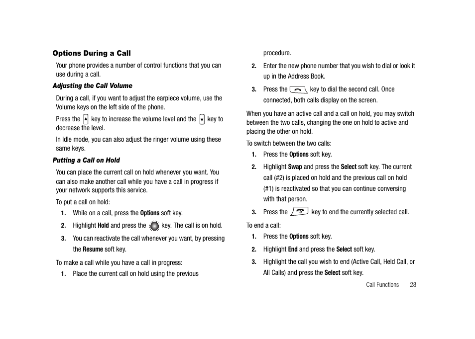 Options during a call | Samsung SGH-A827DKAATT User Manual | Page 31 / 164