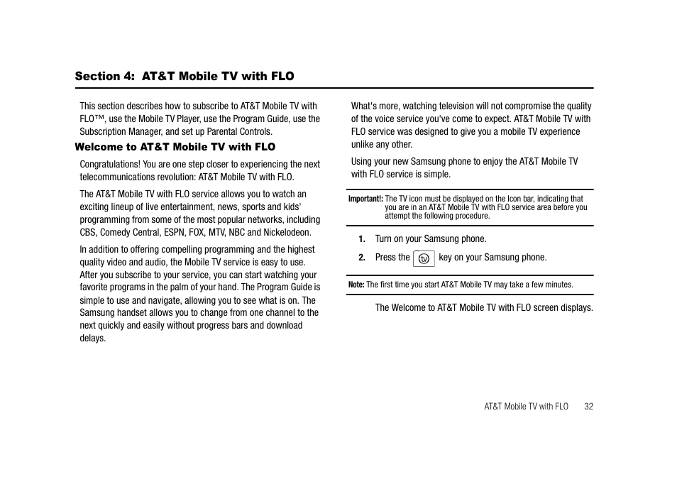 Section 4: at&t mobile tv with flo, Welcome to at&t mobile tv with flo | Samsung SGH-A827DKAATT User Manual | Page 35 / 164