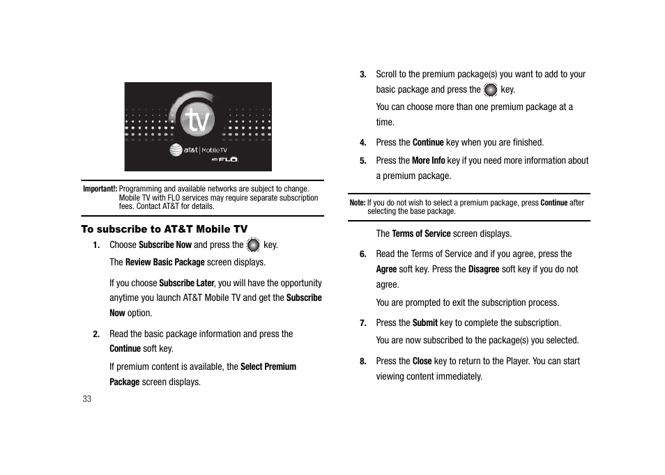 To subscribe to at&t mobile tv | Samsung SGH-A827DKAATT User Manual | Page 36 / 164