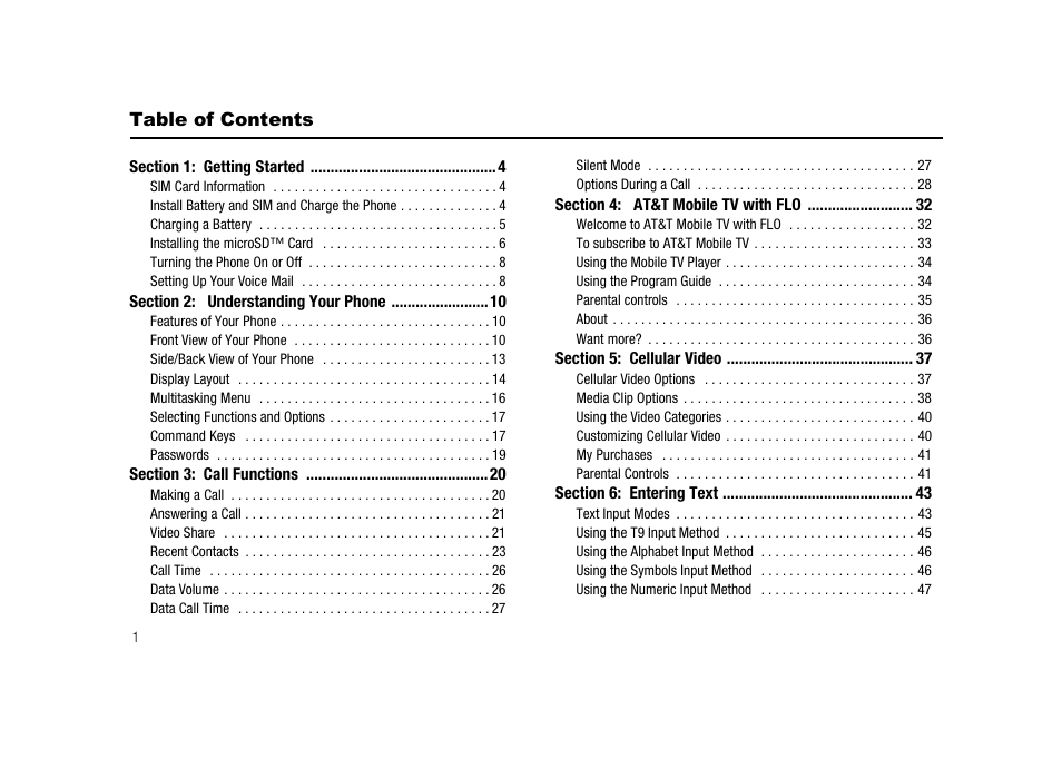 Section 1: getting started 4, Section 2: understanding your phone 10, Section 3: call functions 20 | Section 4: at&t mobile tv with flo 32, Section 5: cellular video 37, Section 6: entering text 43 | Samsung SGH-A827DKAATT User Manual | Page 4 / 164