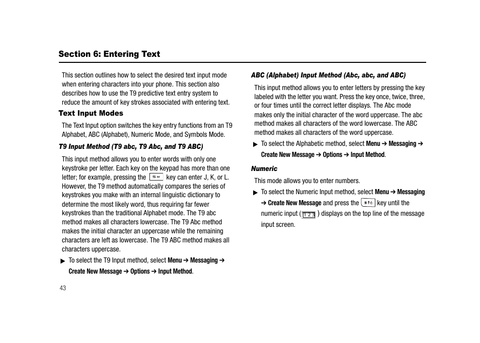 Section 6: entering text, Text input modes | Samsung SGH-A827DKAATT User Manual | Page 46 / 164