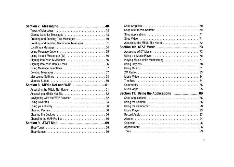 Section 7: messaging 48, Section 8: media net and wap 61, Section 9: at&t mall 69 | Section 10: at&t music 73, Section 11: using the applications 86 | Samsung SGH-A827DKAATT User Manual | Page 5 / 164