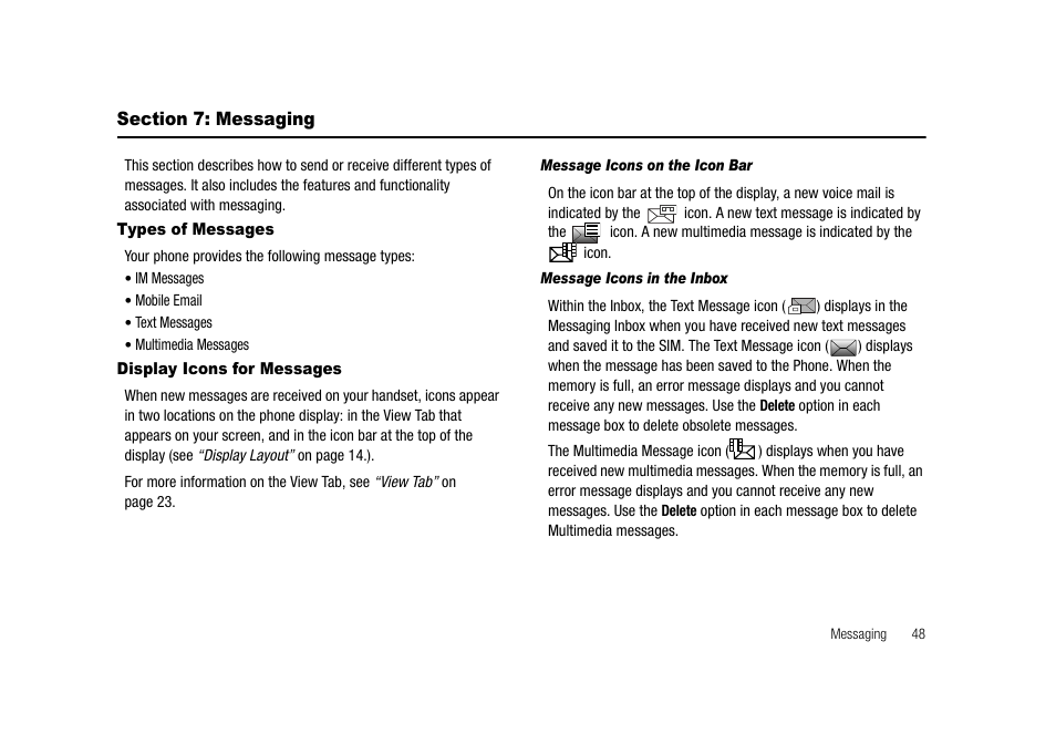 Section 7: messaging, Types of messages display icons for messages | Samsung SGH-A827DKAATT User Manual | Page 51 / 164