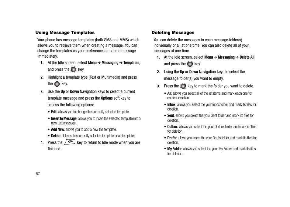Using message templates deleting messages | Samsung SGH-A827DKAATT User Manual | Page 60 / 164