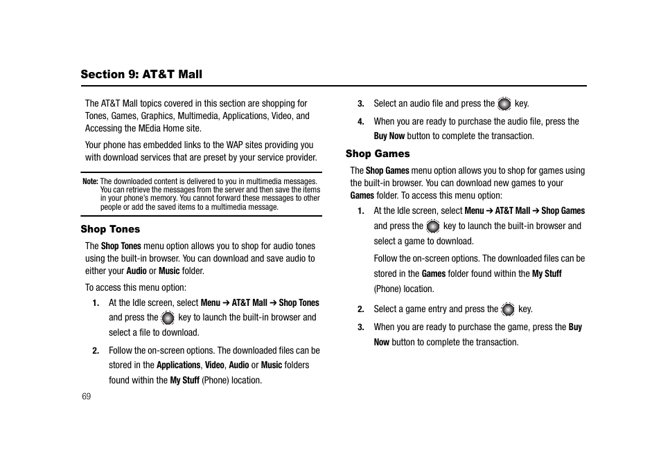 Section 9: at&t mall, Shop tones shop games | Samsung SGH-A827DKAATT User Manual | Page 72 / 164