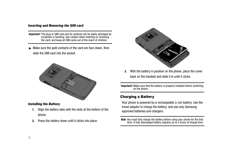 Charging a battery | Samsung SGH-A827DKAATT User Manual | Page 8 / 164