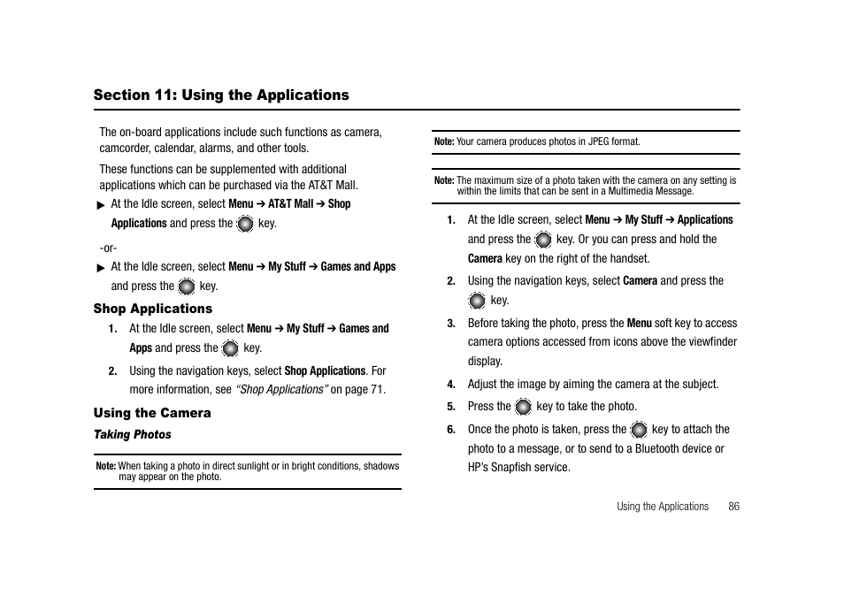 Section 11: using the applications, Shop applications using the camera | Samsung SGH-A827DKAATT User Manual | Page 89 / 164