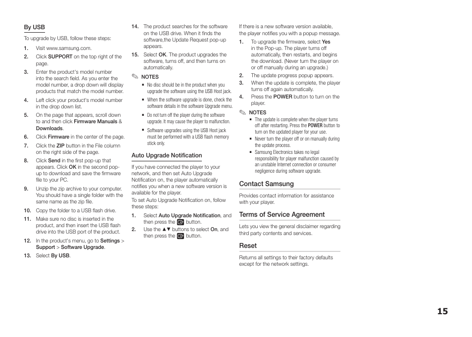 Contact samsung, Terms of service agreement, Reset | Samsung BD-FM57C-ZA User Manual | Page 15 / 24