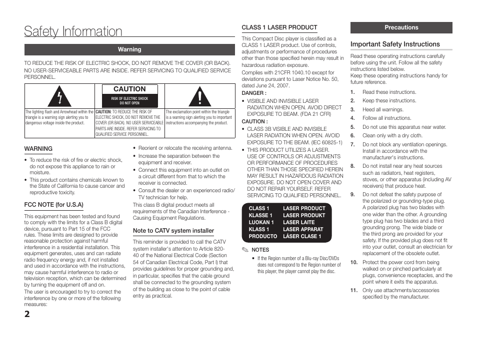 Safety information, Warning, Precautions | Caution, Important safety instructions | Samsung BD-FM57C-ZA User Manual | Page 2 / 24