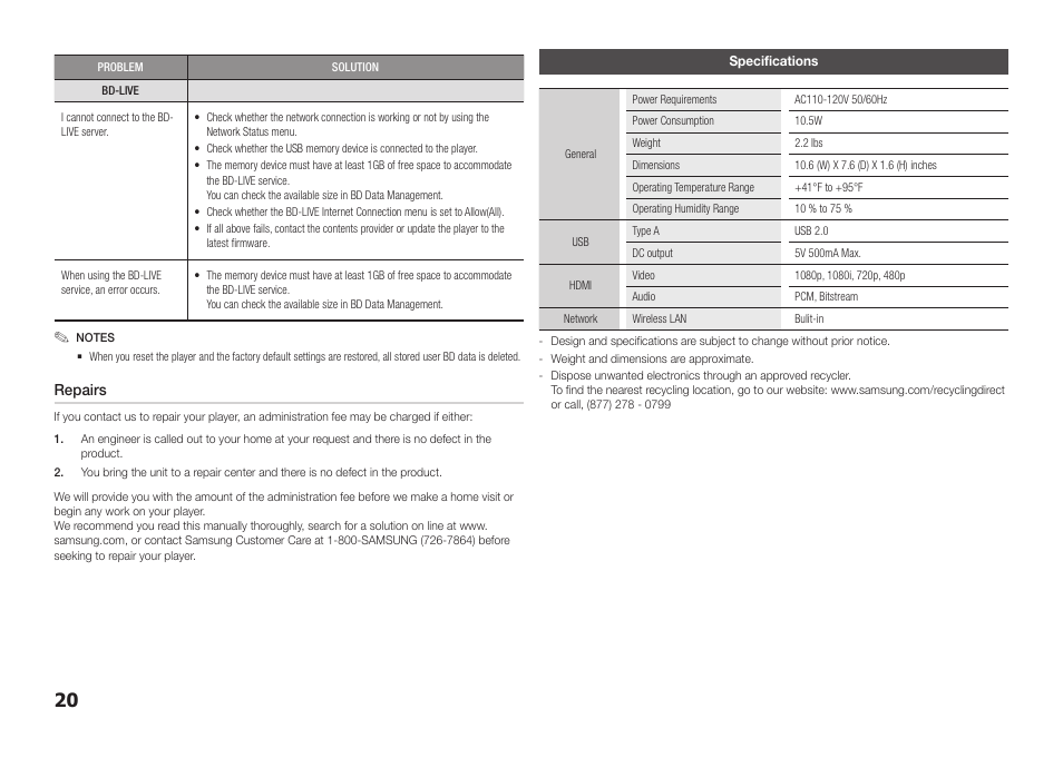 Specifications, Repairs | Samsung BD-FM57C-ZA User Manual | Page 20 / 24