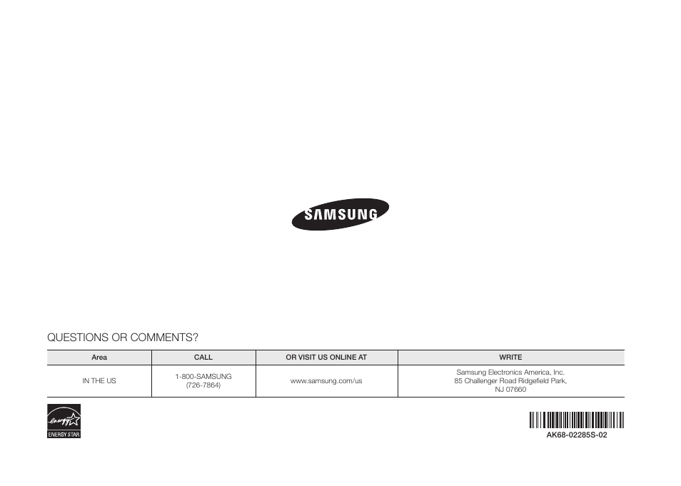 Questions or comments | Samsung BD-FM57C-ZA User Manual | Page 24 / 24