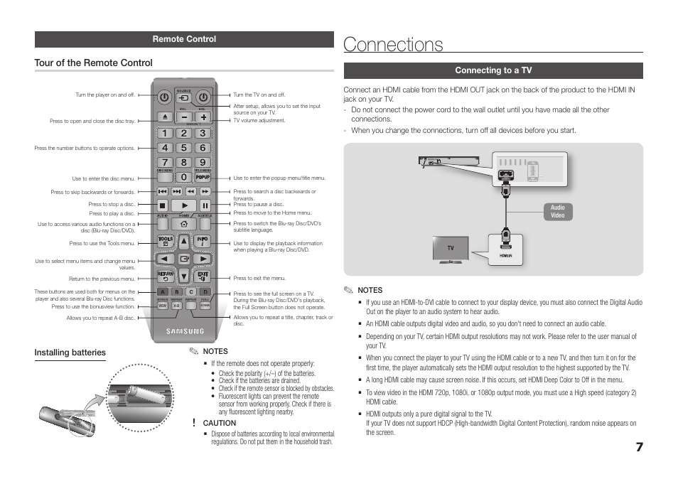 Remote control, Connections, Connecting to a tv | Tour of the remote control | Samsung BD-FM57C-ZA User Manual | Page 7 / 24