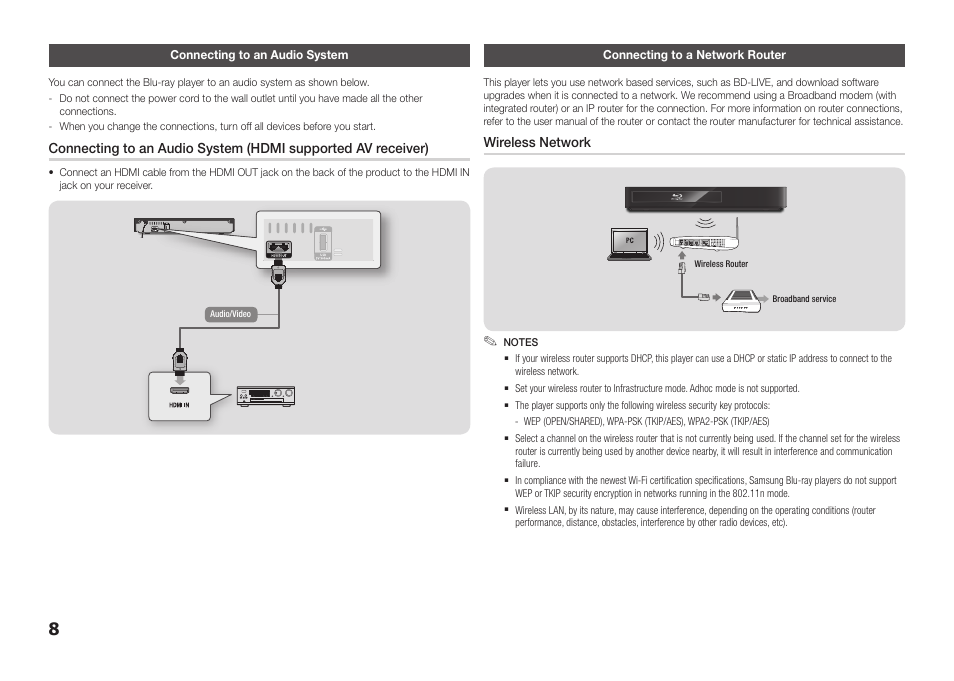 Connecting to an audio system, Connecting to a network router | Samsung BD-FM57C-ZA User Manual | Page 8 / 24