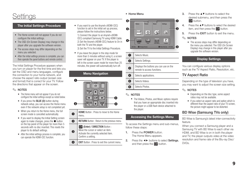 Settings, The initial settings procedure, Menu navigation | Accessing the settings menu, Display settings, Tv aspect ratio, Bd wise (samsung tvs only) | Samsung BD-FM57C-ZA User Manual | Page 9 / 24