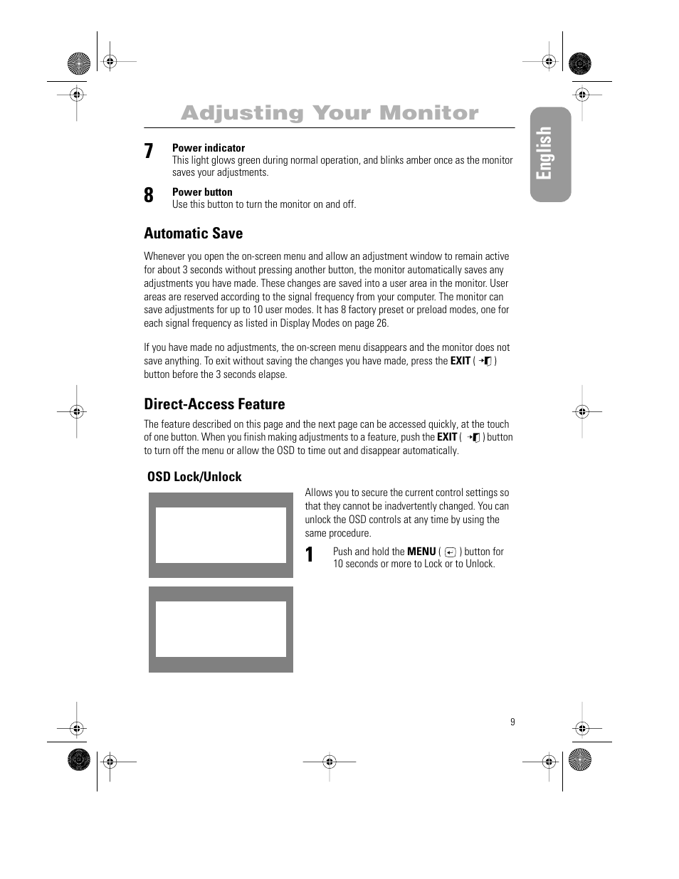 English, Adjusting your monitor, Automatic save | Direct-access feature | Samsung PG21LS9U-XAX User Manual | Page 11 / 29