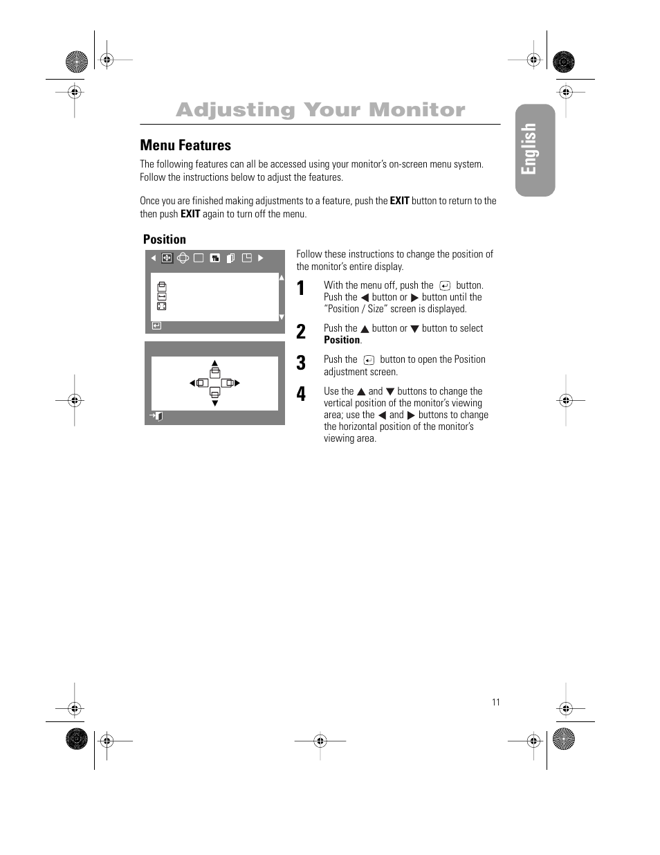 English, Adjusting your monitor, Menu features | Samsung PG21LS9U-XAX User Manual | Page 13 / 29