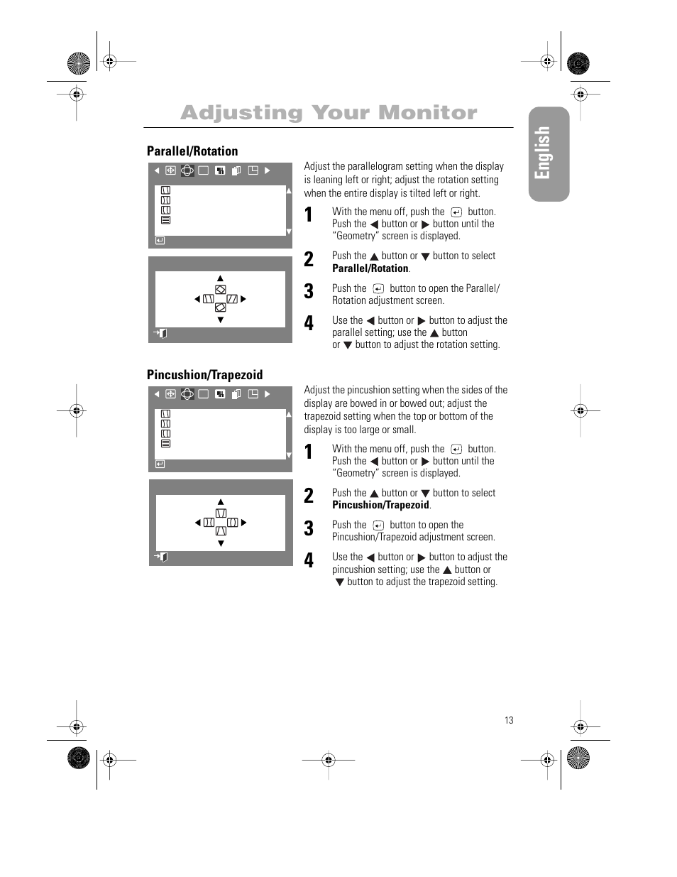 English, Adjusting your monitor | Samsung PG21LS9U-XAX User Manual | Page 15 / 29