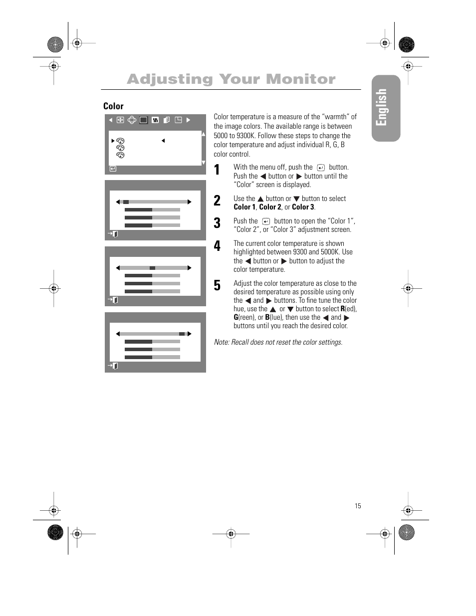 English, Adjusting your monitor | Samsung PG21LS9U-XAX User Manual | Page 17 / 29