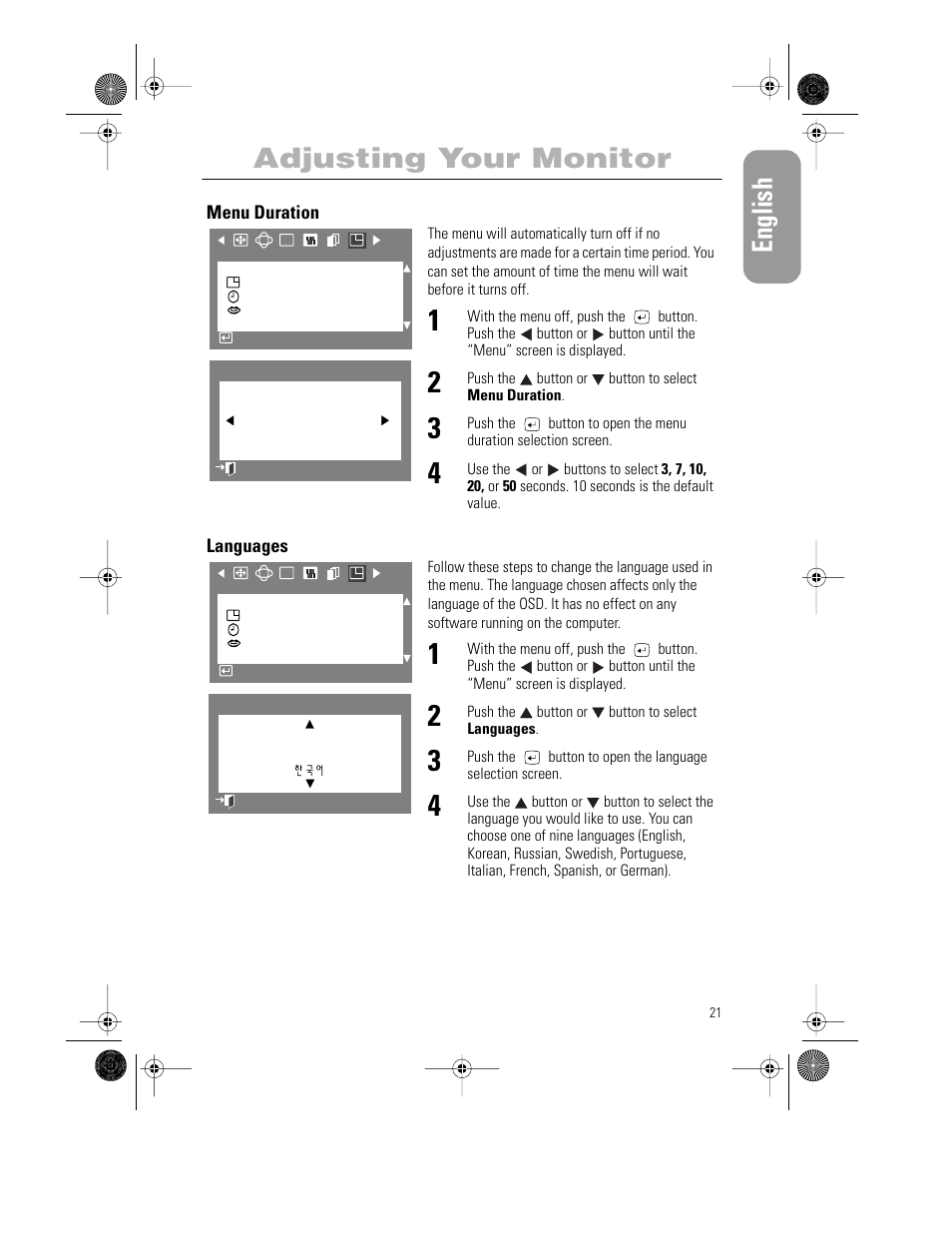 English, Adjusting your monitor | Samsung PG21LS9U-XAX User Manual | Page 23 / 29