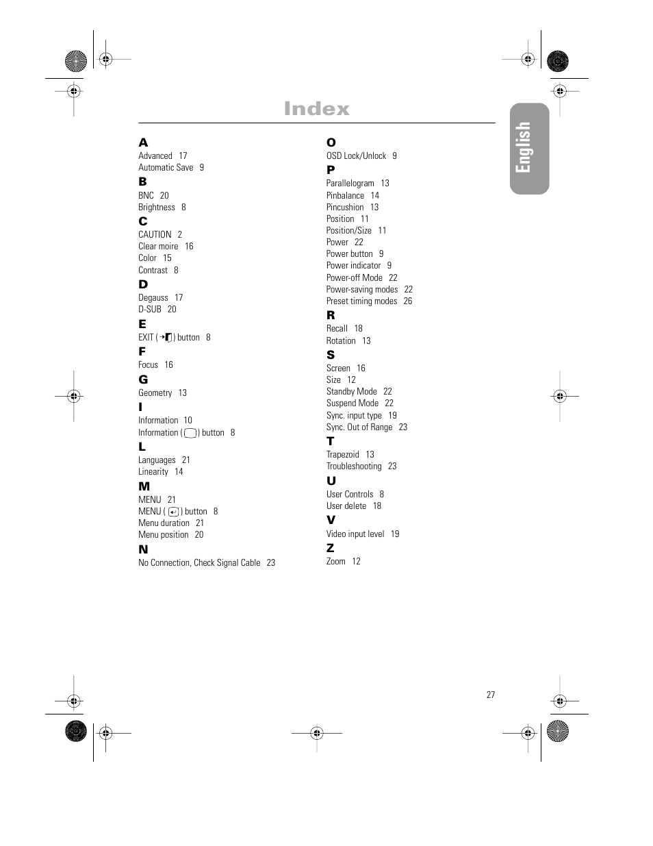 English, Index | Samsung PG21LS9U-XAX User Manual | Page 29 / 29