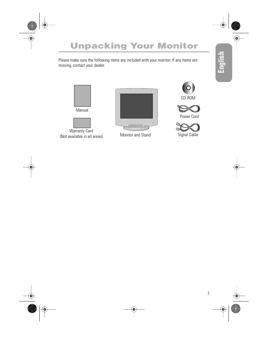 English, Unpacking your monitor | Samsung PG21LS9U-XAX User Manual | Page 5 / 29