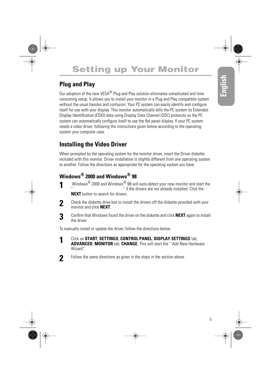 English, Setting up your monitor, Plug and play | Installing the video driver | Samsung PG21LS9U-XAX User Manual | Page 7 / 29